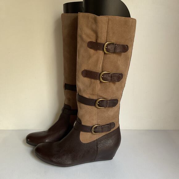 Crown Vintage Clover Knee High Leather & Suede Boots Brown Tan Size 8 - Picture 2 of 9